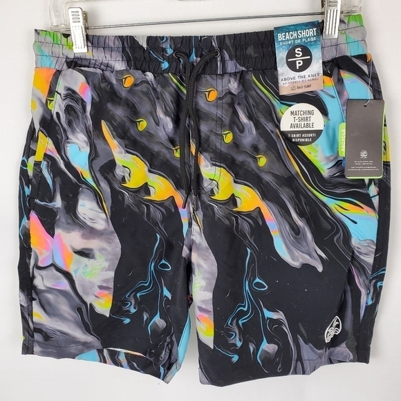 360 Surf Mens Beach Short Black w/ Colored Pattern Recycled Poly Choose Size - Picture 1 of 12